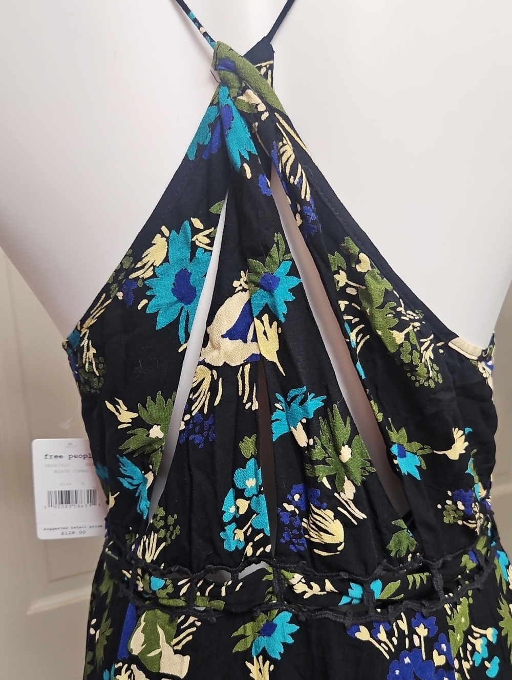 Free People Black Floral Backless Maxi Dress with Blue & Cream Accents - Picture 8 of 14